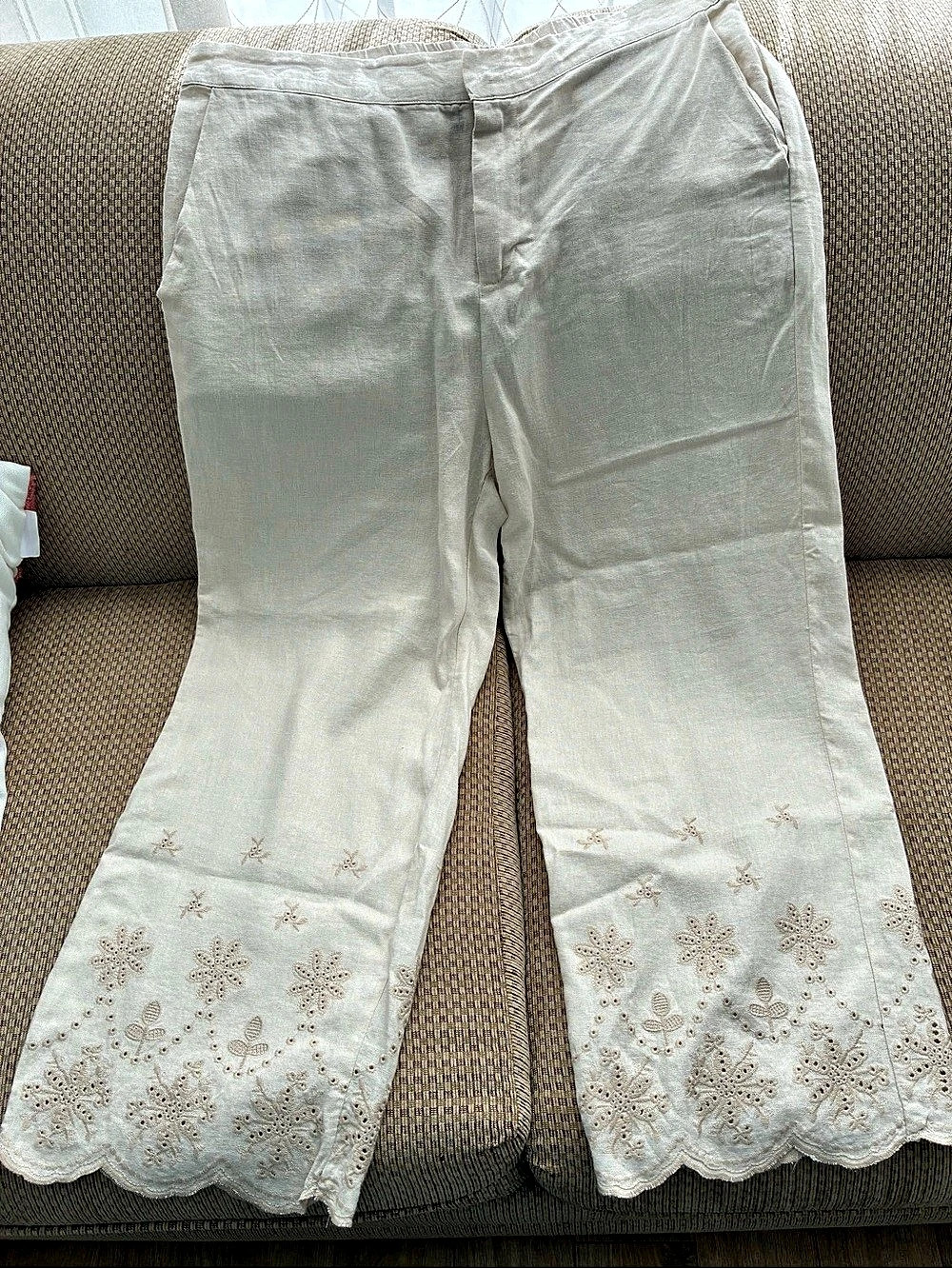Cream color Embroidered Wide Leg Linen Pants